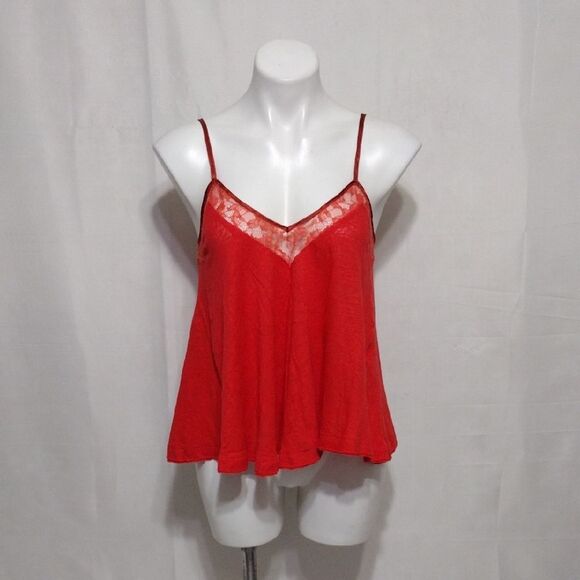 Free People Boho Linen Blend Lace Inset A-Line Cami Flowy Swing Tank Top Small - Picture 1 of 10